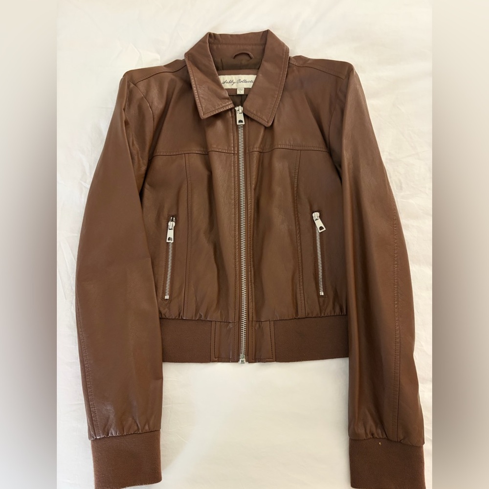 Brown Faux Leather Bomber Jacket